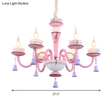 Childs Bedroom Candle Suspension Light: Musical Note Cartoon Glass Chandelier With Little Bell