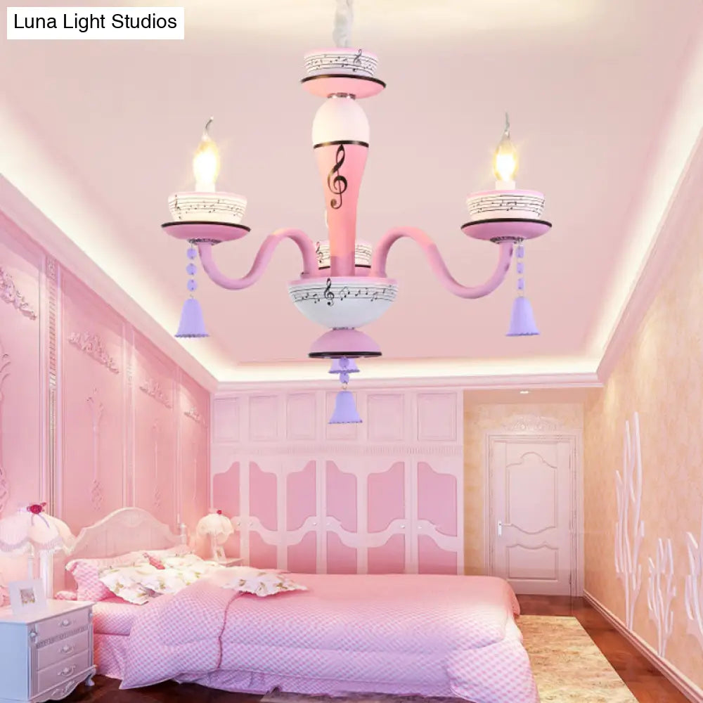 Childs Bedroom Candle Suspension Light: Musical Note Cartoon Glass Chandelier With Little Bell
