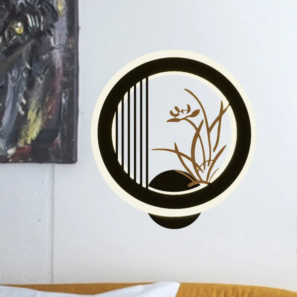 Chinese Acrylic Led Wall Light Fixture In Black For Living Room Décor With Chrysanths/Orchid Flower