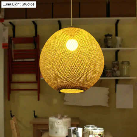 Chinese Beige Globe Pendant Light Fixture - Bamboo Suspension Lighting For Living Room
