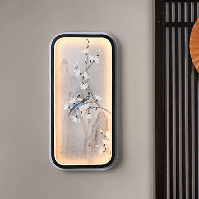 Chinese Bird And Flower Fabric Mural Lamp: Led Wall Mounted Lighting Black & White Black-White