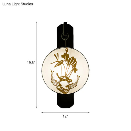 Chinese Fabric Bedroom Wall Lamp With Carp And Lotus Leaves Murals In Black-Gold
