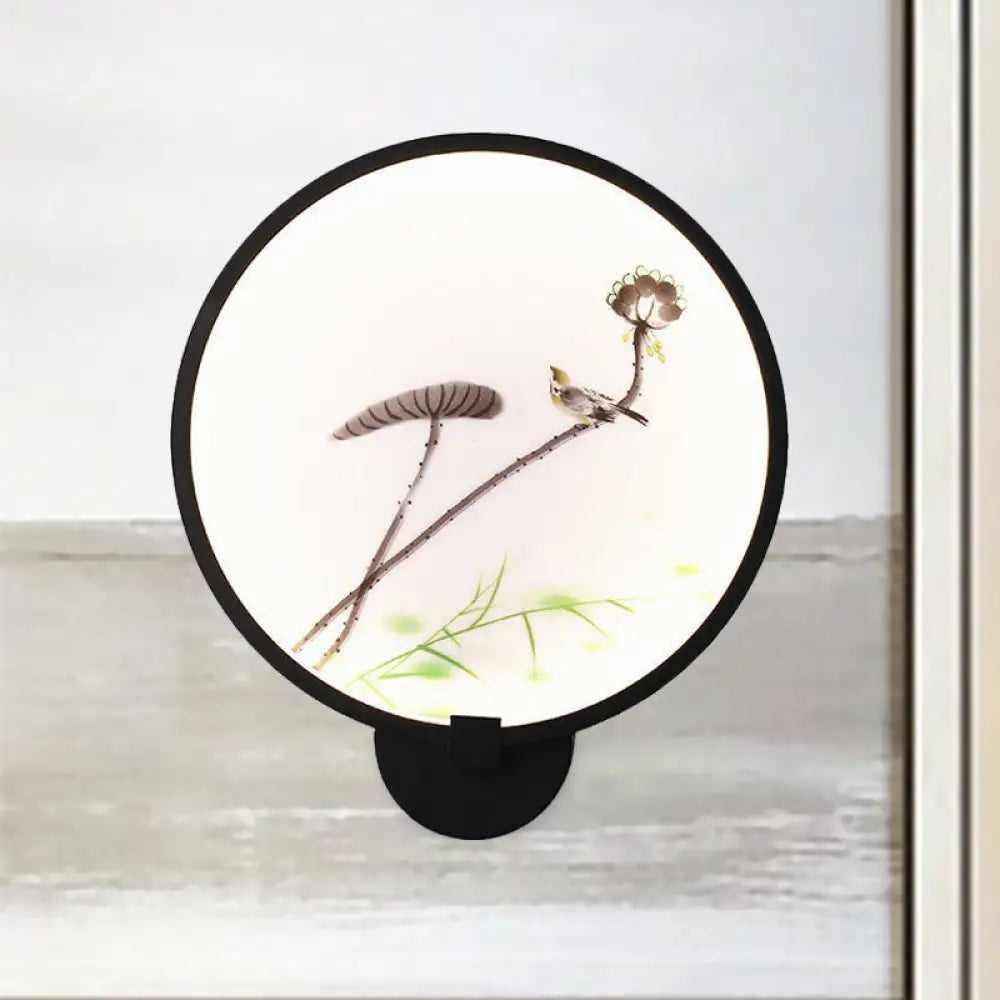 Chinese Ink House/Lotus Mural Led Circle Wall Sconce Light In Black - Acrylic Bedroom / A