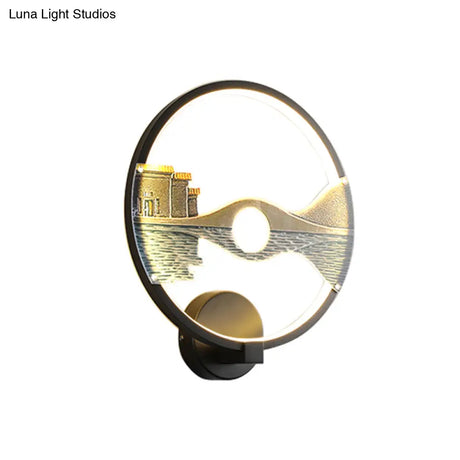 Chinese-Inspired Black/White Led Acrylic Wall Sconce - 12 Circular Lamp With Scenic Pattern