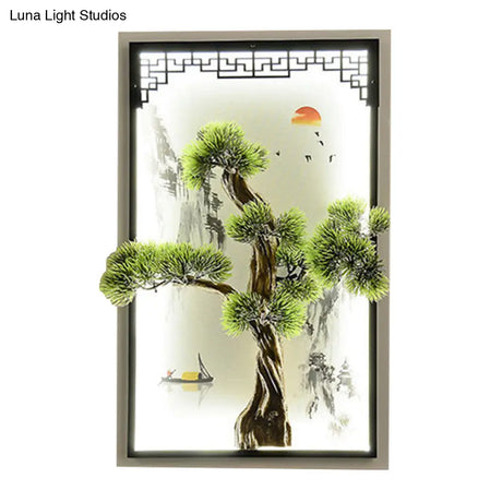 Chinese Landscape Pine Tree Iron Mural Sconce Light With Led Flush Mount - Green Decor