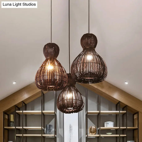 Chinese Rattan Hanging Lamp - Laser Cut 1 Bulb Dark Coffee Pendant Light 8 Or 12 Wide