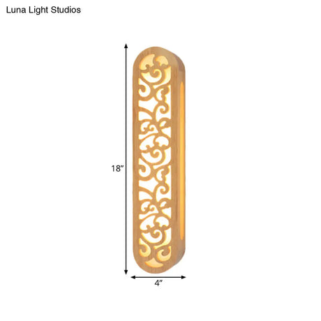 Chinese Style Beige Led Flush Wall Sconce With Carved Wood Shade