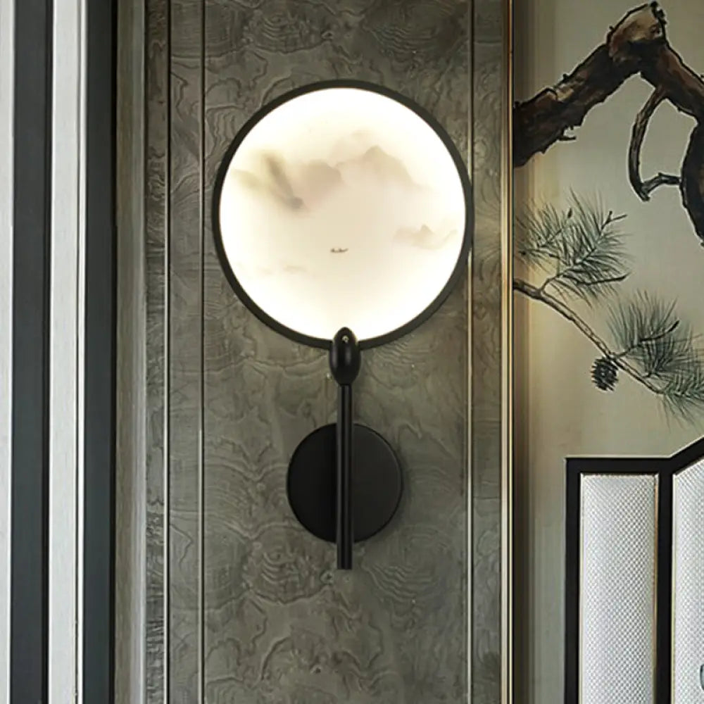 Chinese Style Circular Mountain Led Bedroom Sconce Light In Black