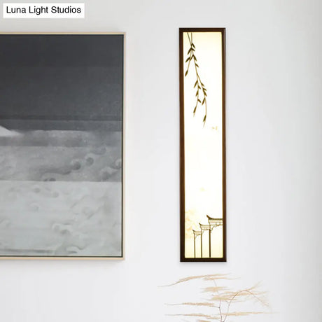 Chinese Style Led Wall Mural Lamp - Acrylic Brown Rectangle Mounted Light With Lotus/Leaf Pattern