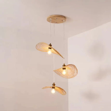Chinese Style Lotus Leaf Pendant Light With Bamboo Shade - 1/3/6-Light Beige 14’/16.5’/19.5’