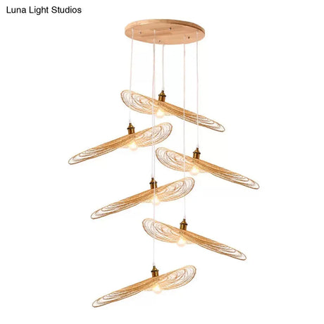 Chinese Style Lotus Leaf Pendant Light With Bamboo Shade - 1/3/6-Light Beige 14’/16.5’/19.5’ Wide
