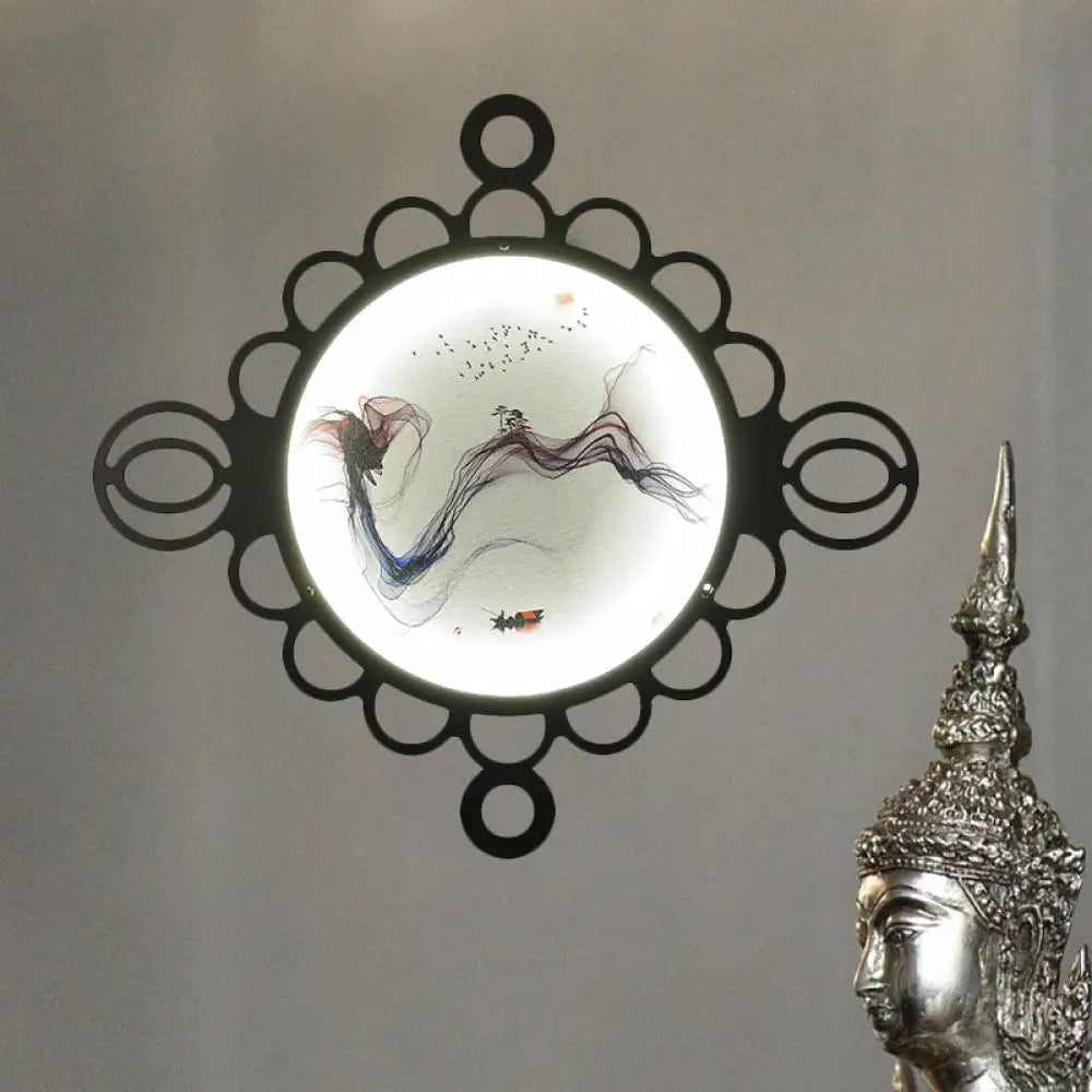Chinese Style Mountain Landscape Metal Mural Lamp: Black Led Wall Mount Lighting With Edge Circles