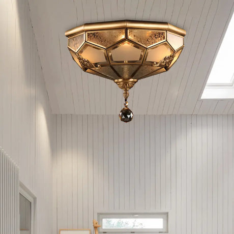 Chinese Style Opal Glass Dome Ceiling Lighting Brass Finish Flush Mount Light For Bedroom - 3/4 -