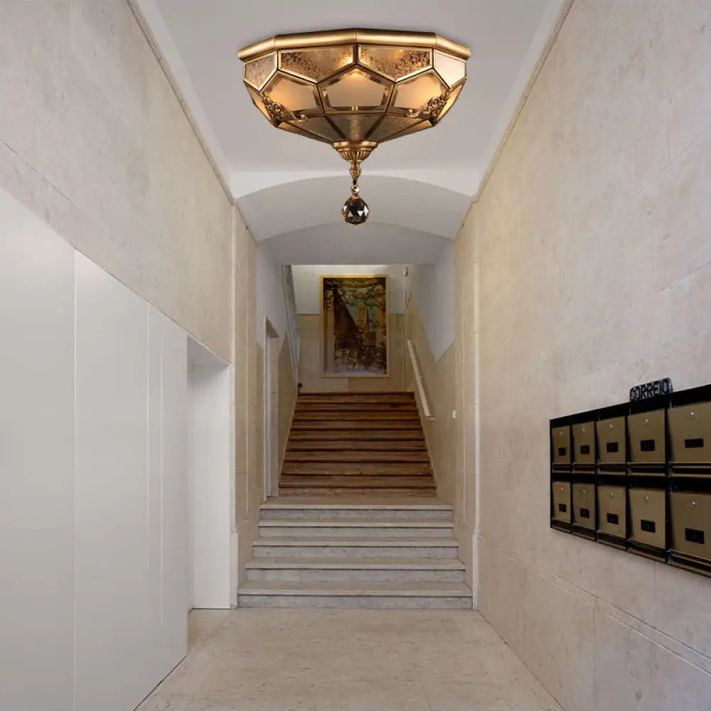 Chinese Style Opal Glass Dome Ceiling Lighting Brass Finish Flush Mount Light For Bedroom -