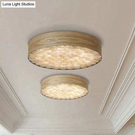 Chinese Wood Shade Beige Ceiling Lamp: Contemporary Single Light Flush Mount Fixture For Living Room