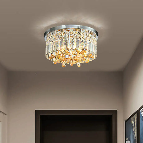 Chrome Cylinder Crystal Led Flush Light For Doorway - 10’/15.5’ Wide / 15.5’