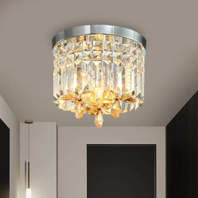 Chrome Cylinder Crystal Led Flush Light For Doorway - 10’/15.5’ Wide / 10’