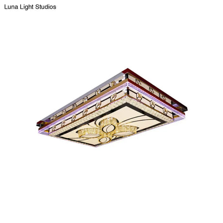 Chrome Led Flush Mount Crystal Rectangle Ceiling Fixture With Flower Design