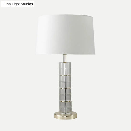 Chrome Small Desk Lamp With Clear Crystal Modern Cylindrical Fabric Table Light