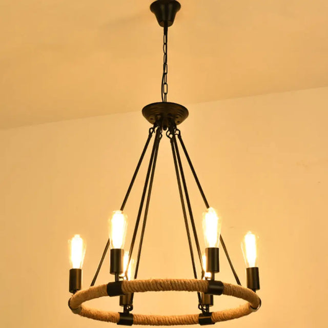 Circular Industrial Restaurant Chandelier With Hemp Rope In Black Iron Finish 6 / D