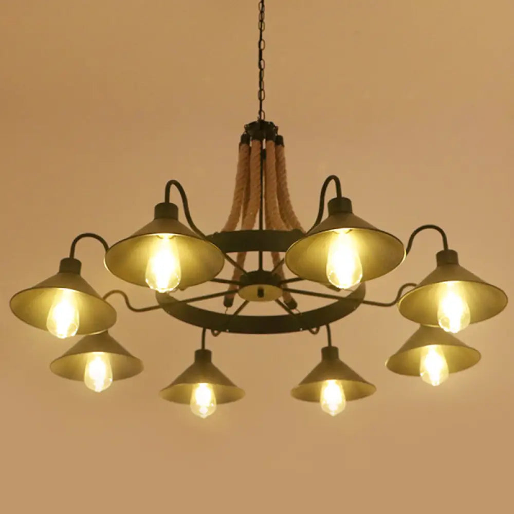 Circular Industrial Restaurant Chandelier With Hemp Rope In Black Iron Finish 8 / B