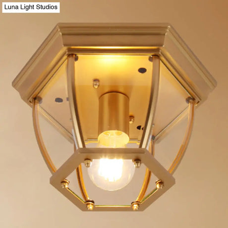 Classic Bedroom Charm: 1-Light Glass Shade Colonial Style Polyhedron Flush Mount Ceiling Light Gold