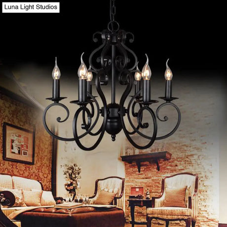 Classic Black Swirled Arm Pendant Chandelier 5/6 Lights Metal Fixture For Living Room Ceiling
