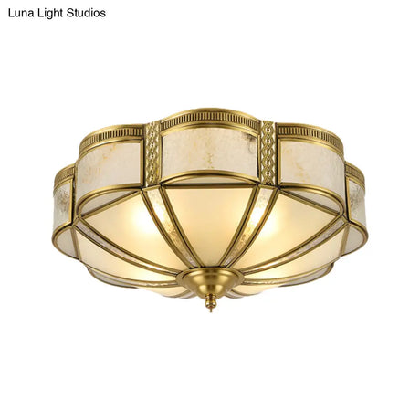 Classic Brass Domed Flush Mount Fixture With Frosted Glass Panel - 3/4/6 Lights For Bedroom
