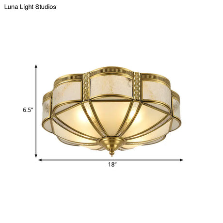 Classic Brass Domed Flush Mount Fixture With Frosted Glass Panel - 3/4/6 Lights For Bedroom