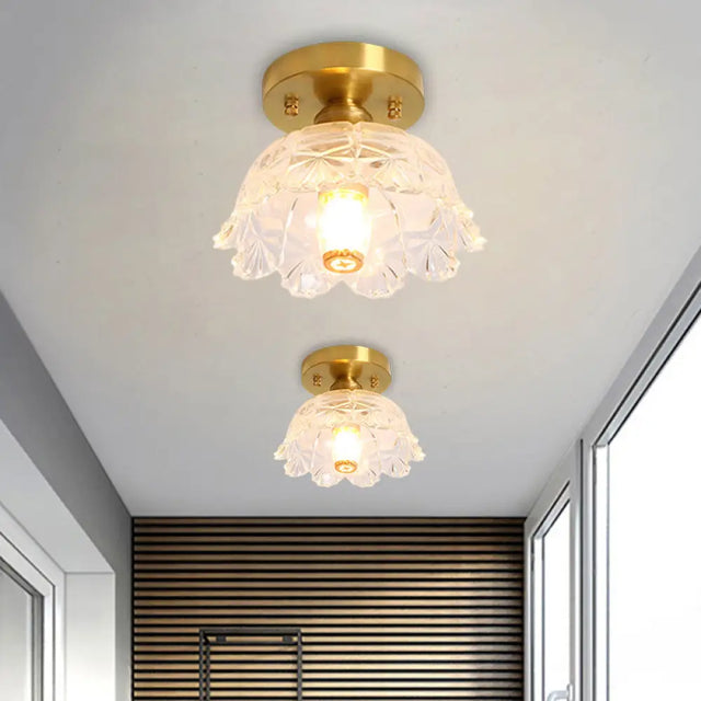 Classic Cone/Lotus Leaf/Floral Clear Glass Ceiling Light In Brass 7.5 - 9’ Wide / 8’