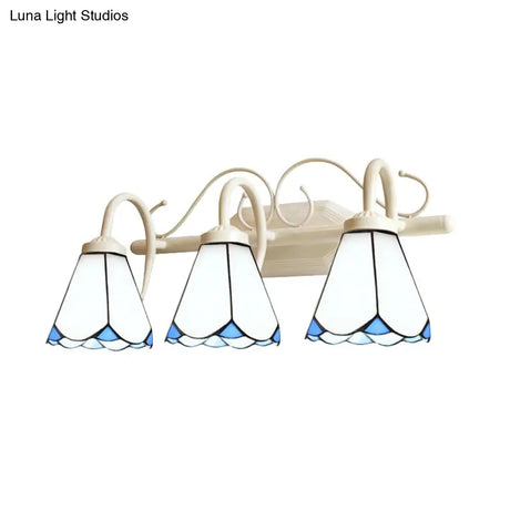 Classic Cone Wall Sconce With Curved Arm And White Glass - 2/3 Lights For Elegant Bathroom Lighting