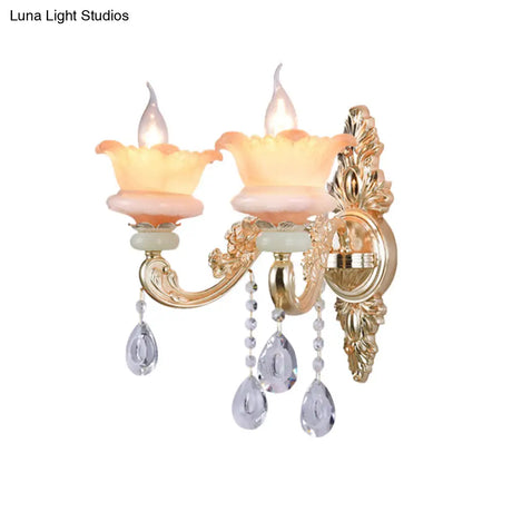 Classic Crystal Wall Light With Carved Arm And Backplate - 2 Lights Candlestick Sconce Lamp In