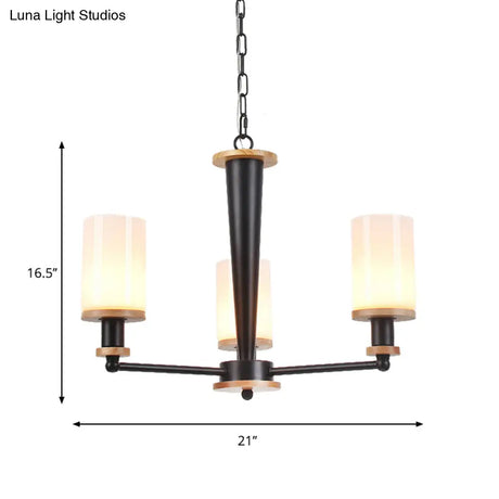 Classic Cylindrical Pendant Chandelier With White Glass Available In 3/5/6 Heads Black Finish