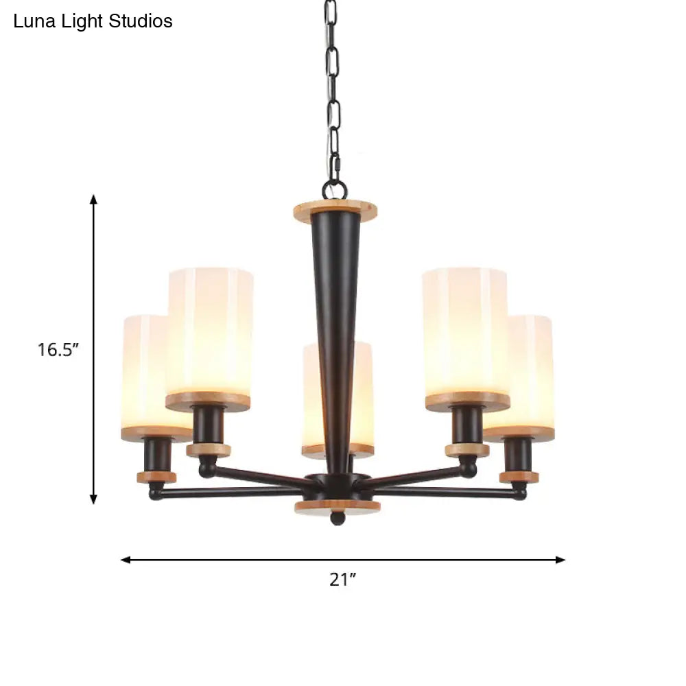 Classic Cylindrical Pendant Chandelier With White Glass Available In 3/5/6 Heads Black Finish