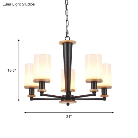 Classic Cylindrical Pendant Chandelier With White Glass Available In 3/5/6 Heads Black Finish