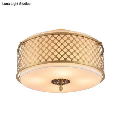 Classic Drum Metal Flush Mount Lamp Brass Finish 4/5 Lights 16’/19.5’ Wide Living Room Ceiling