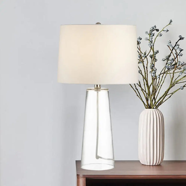 Classic Glass Nightstand Lamp With Clear Cone Table Light & White Fabric Shade