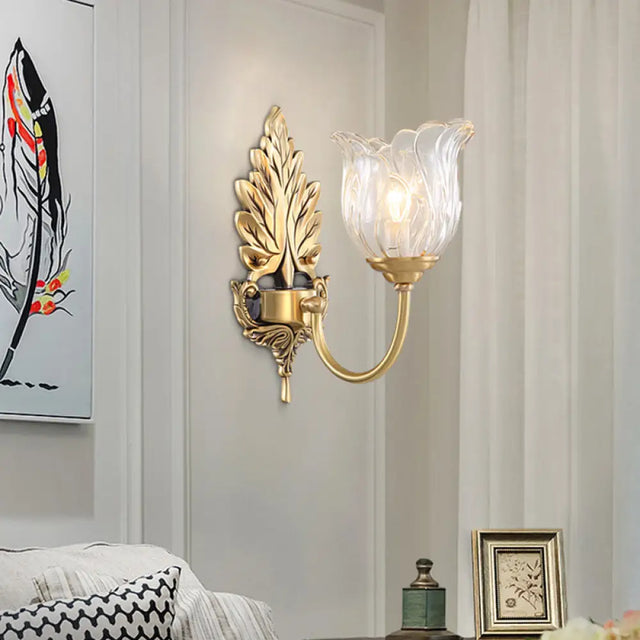 Classic Gold Wall Sconce With Clear Fluted Glass - Bloom Living Room Mount Light 1 /