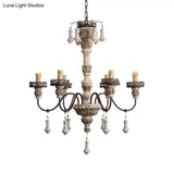 Classic Metal Curvy Arm Chandelier With 6 Bulbs - Distressed Wood Pendant Lamp For Living Room
