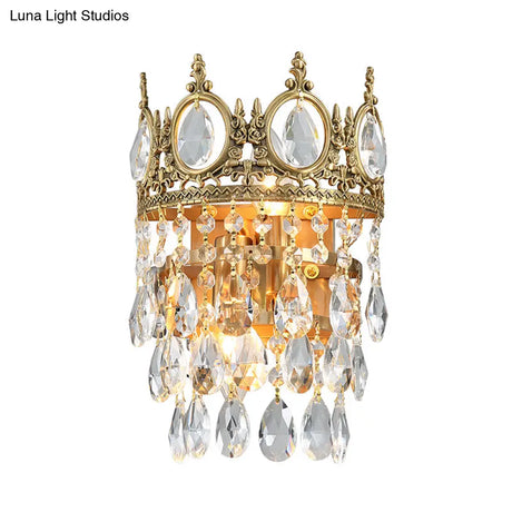 Classic Round Wall Mounted Lighting With Clear Crystal Prisms 2 Bulbs Aged Brass Finish