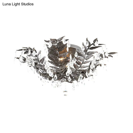 Classic Style Crystal Orb Gold/Black Semi - Flush Mount Leaf Ceiling Light For Bedroom - 10 Heads
