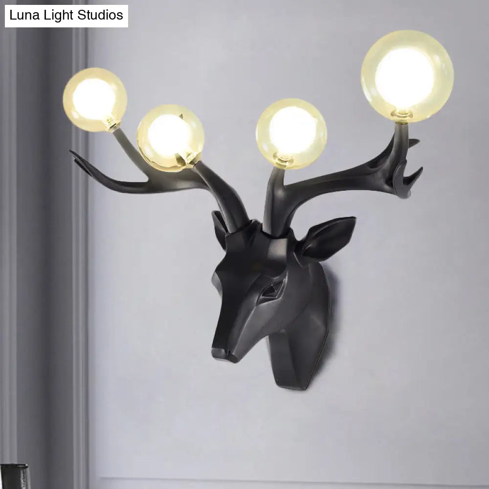 Classic Style Sika Deer Wall Lamp With Clear Crystal Shade - 4 Heads Black/White/Blue Resin For