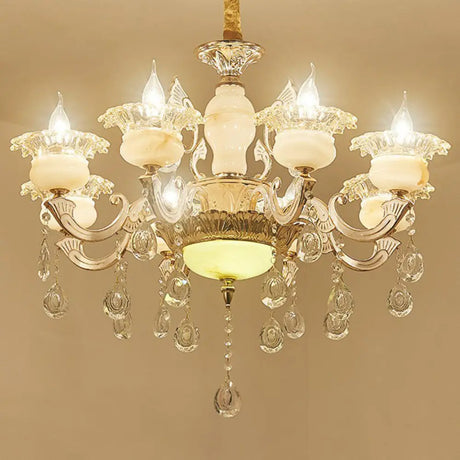 Classic White Faux Candle Chandelier For Living Room With Frosted Glass Pendant And Crystal Décor 8