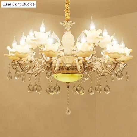 Classic White Faux Candle Chandelier For Living Room With Frosted Glass Pendant And Crystal Décor
