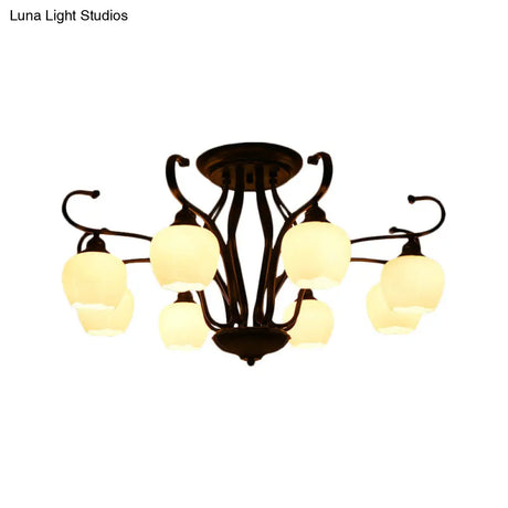 Classic White Glass Flower Shape Semi Flush Light For Living Room - 3/6/8 Lights Black Ceiling