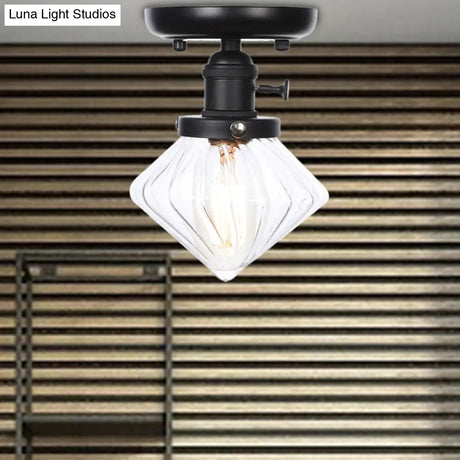 Clear/Amber Glass Semi Flush Mount Ceiling Light For Kitchen - Industrial Cone/Rhombus/Bell Design
