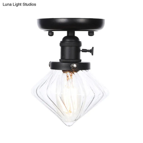 Clear/Amber Glass Semi Flush Mount Ceiling Light For Kitchen - Industrial Cone/Rhombus/Bell Design