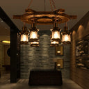 Clear Glass Drop Pendant Chandelier With Wood Rudder Deco - 6-Light Factory Black/Gray Kerosene