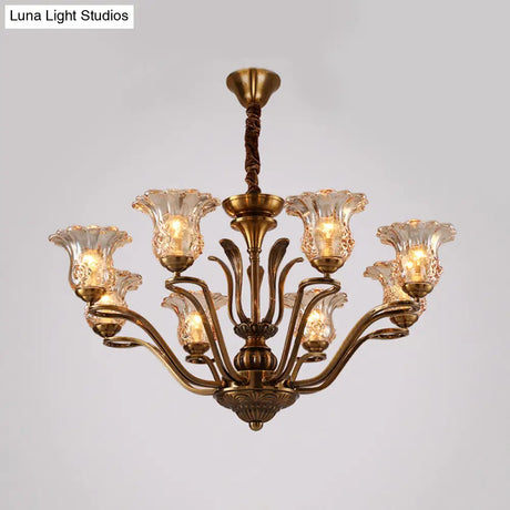 Clear Glass Pendant Chandelier With Branching Design - Rustic Living Room Ceiling Light In Brass