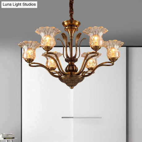 Clear Glass Pendant Chandelier With Branching Design - Rustic Living Room Ceiling Light In Brass